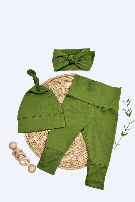 Olive Green Baby Outfit: Cotton Pants, Knotted Hat & Headband