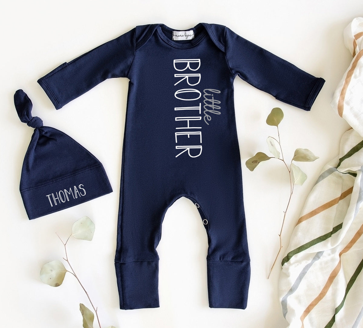 Personalized Newborn Boy Gown and Hat Set: Navy or Charcoal Take Home Outfit