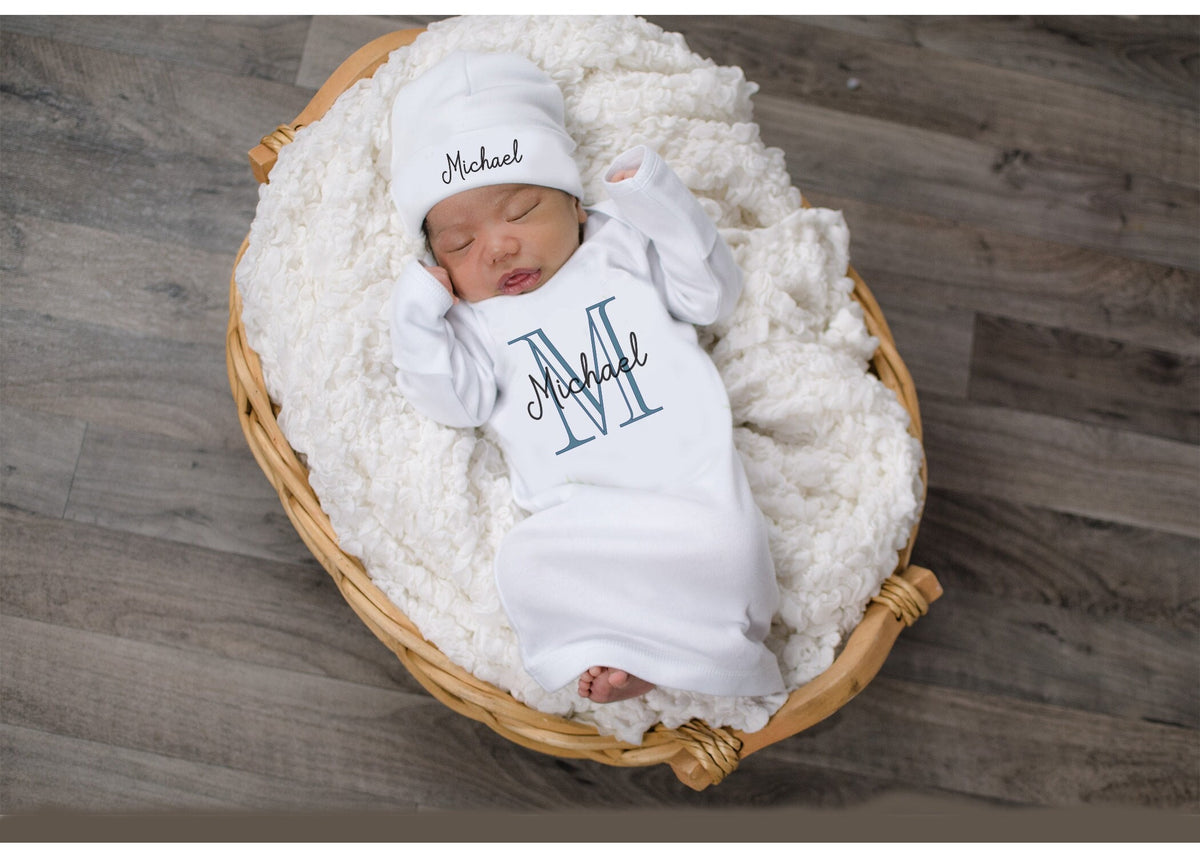 Personalized Newborn Gown: Monogrammed Baby Boy Coming Home Outfit