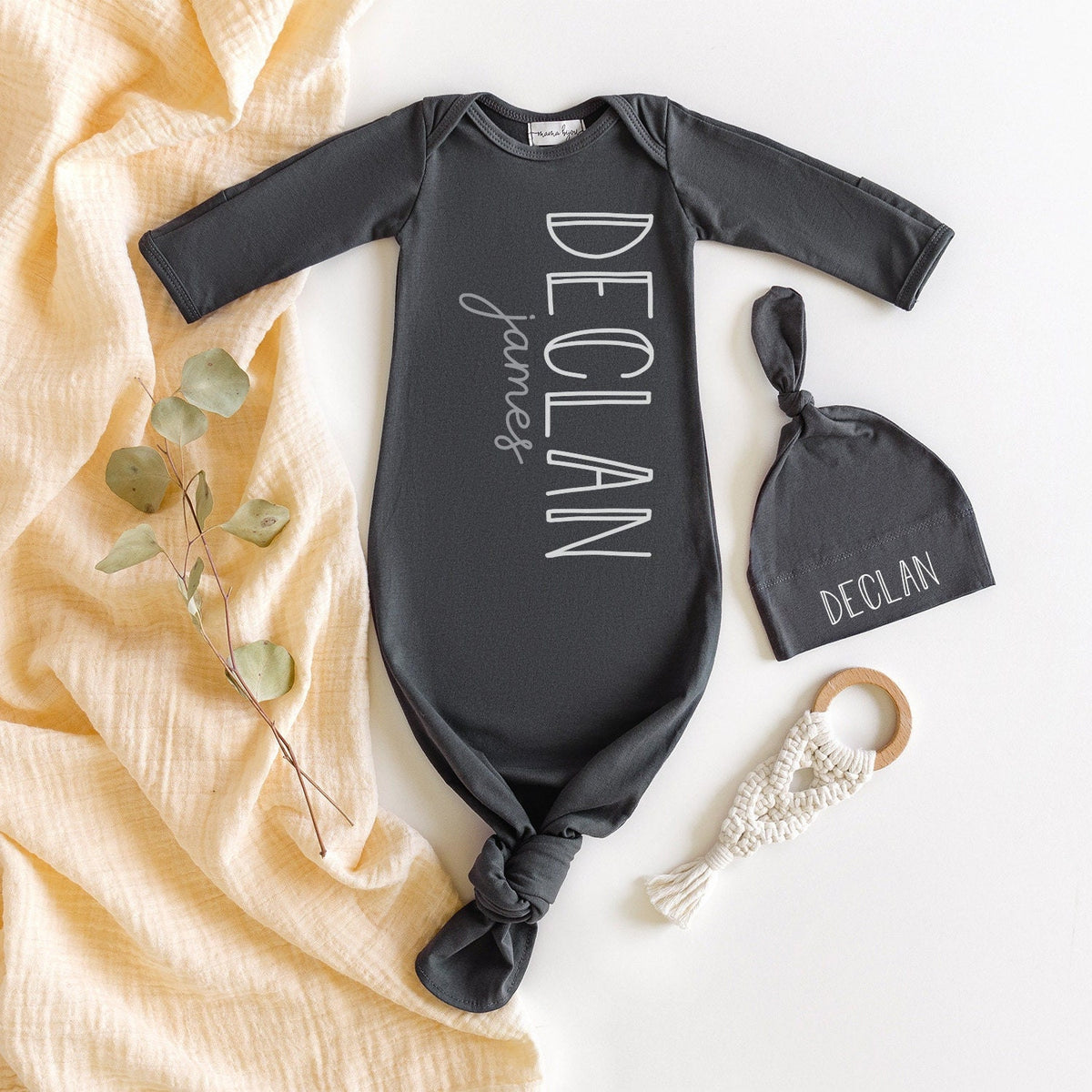 Personalized Newborn Boy Gown and Hat Set: Navy or Charcoal Take Home Outfit