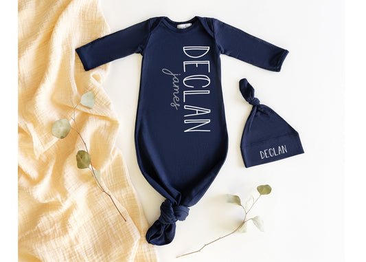 Personalized Newborn Boy Gown and Hat Set: Navy or Charcoal Take Home Outfit