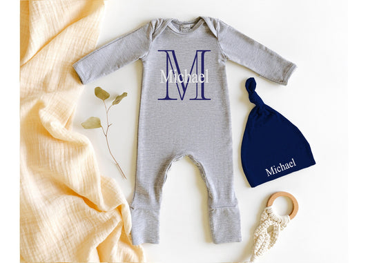 Monogram Newborn Boy Outfit: Heather Gray Romper & Navy Hat