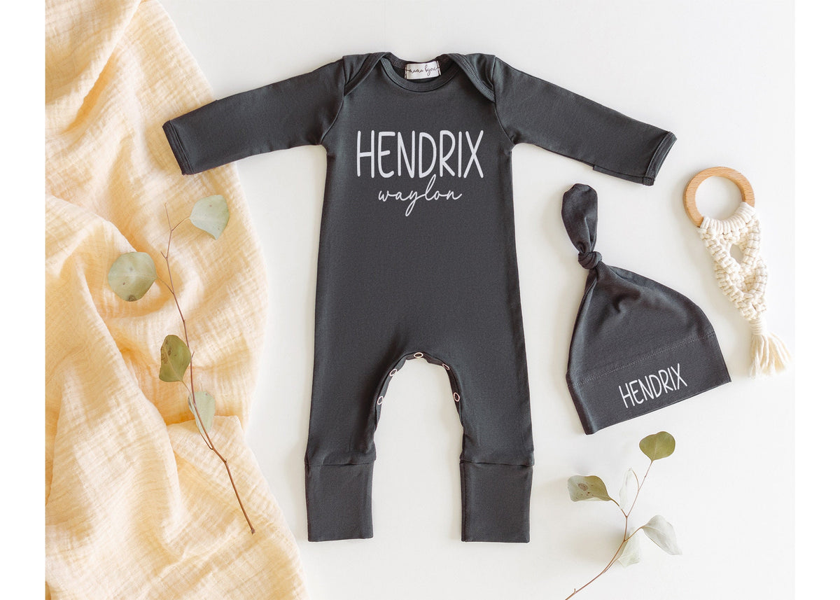 Personalized Baby Boy Coming Home Outfit: Charcoal Romper & Hat Set