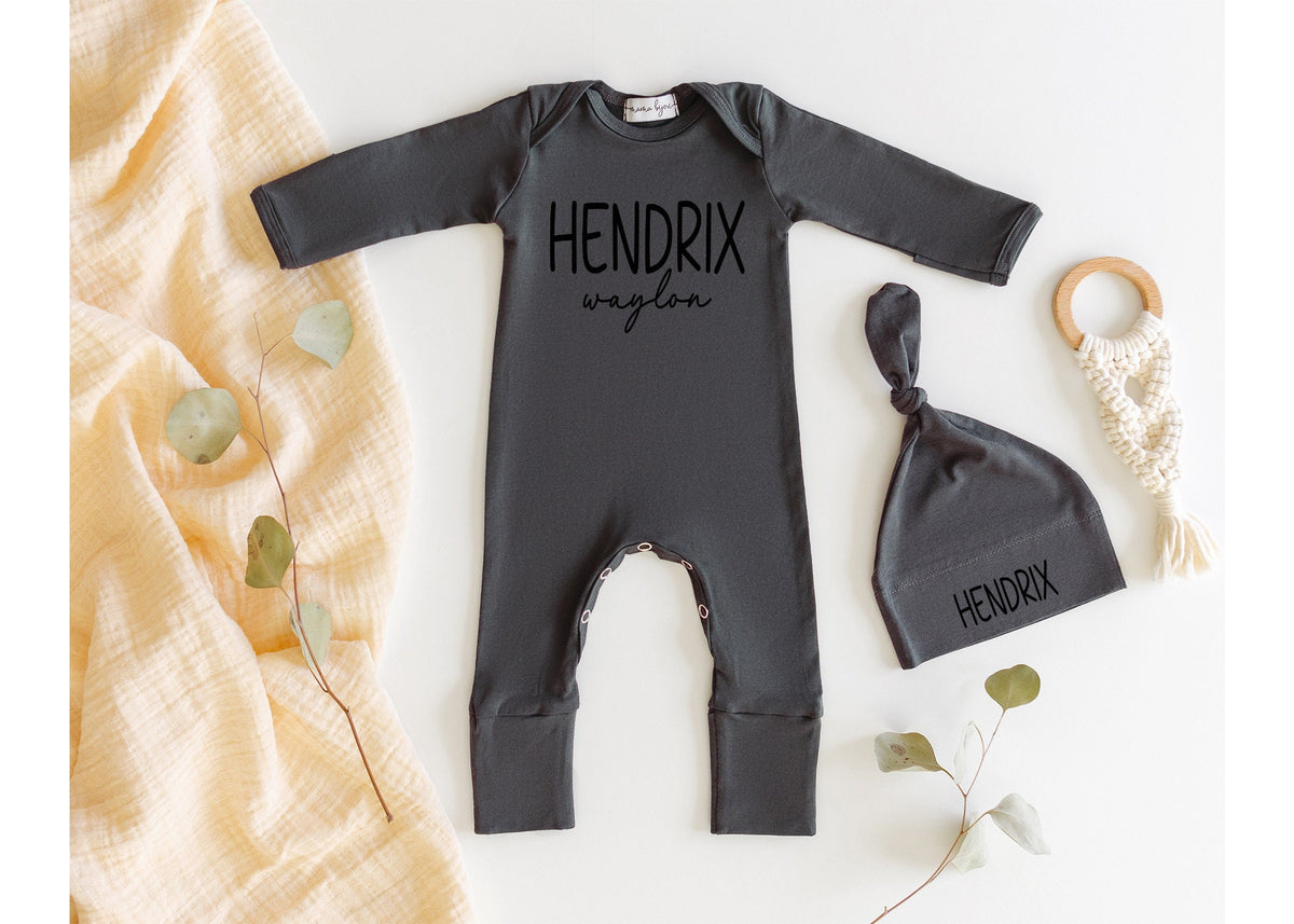 Personalized Baby Boy Coming Home Outfit: Charcoal Romper & Hat Set