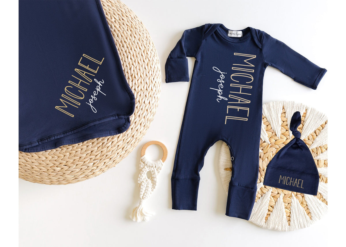 Personalized Newborn Boy Outfit: Navy Romper, Hat & Blanket