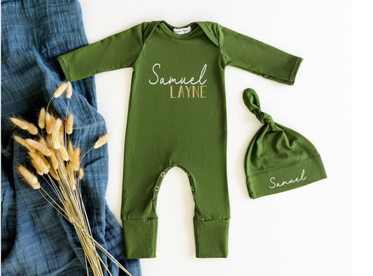 Personalized Olive Baby Romper and Hat Set: Newborn Coming Home Outfit