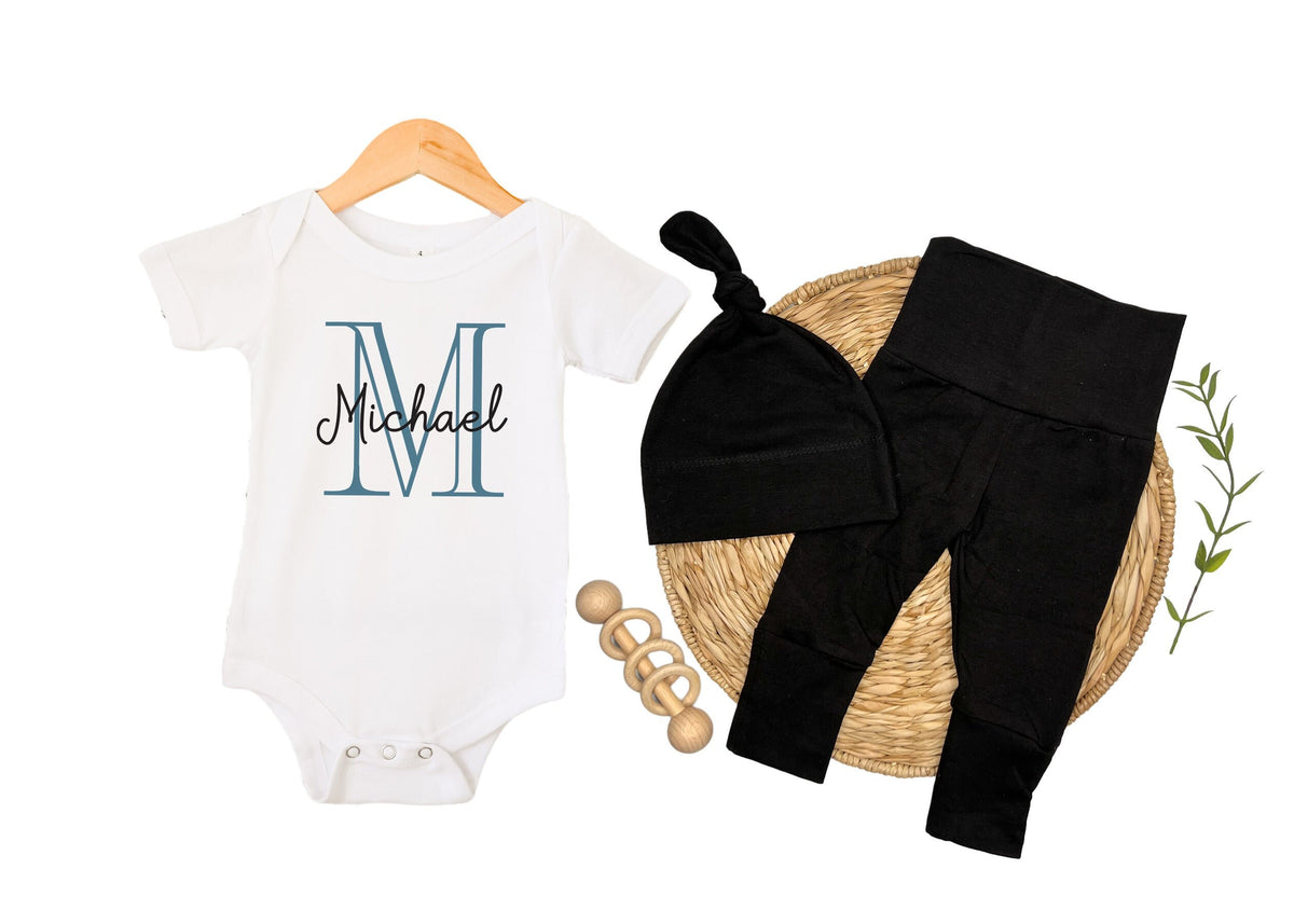 Monogrammed Newborn Outfit: Personalized Baby Bodysuit, Pants & Hat
