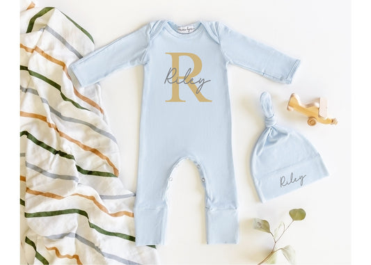 Personalized Newborn Boy Coming Home Outfit: Light Blue Romper & Hat