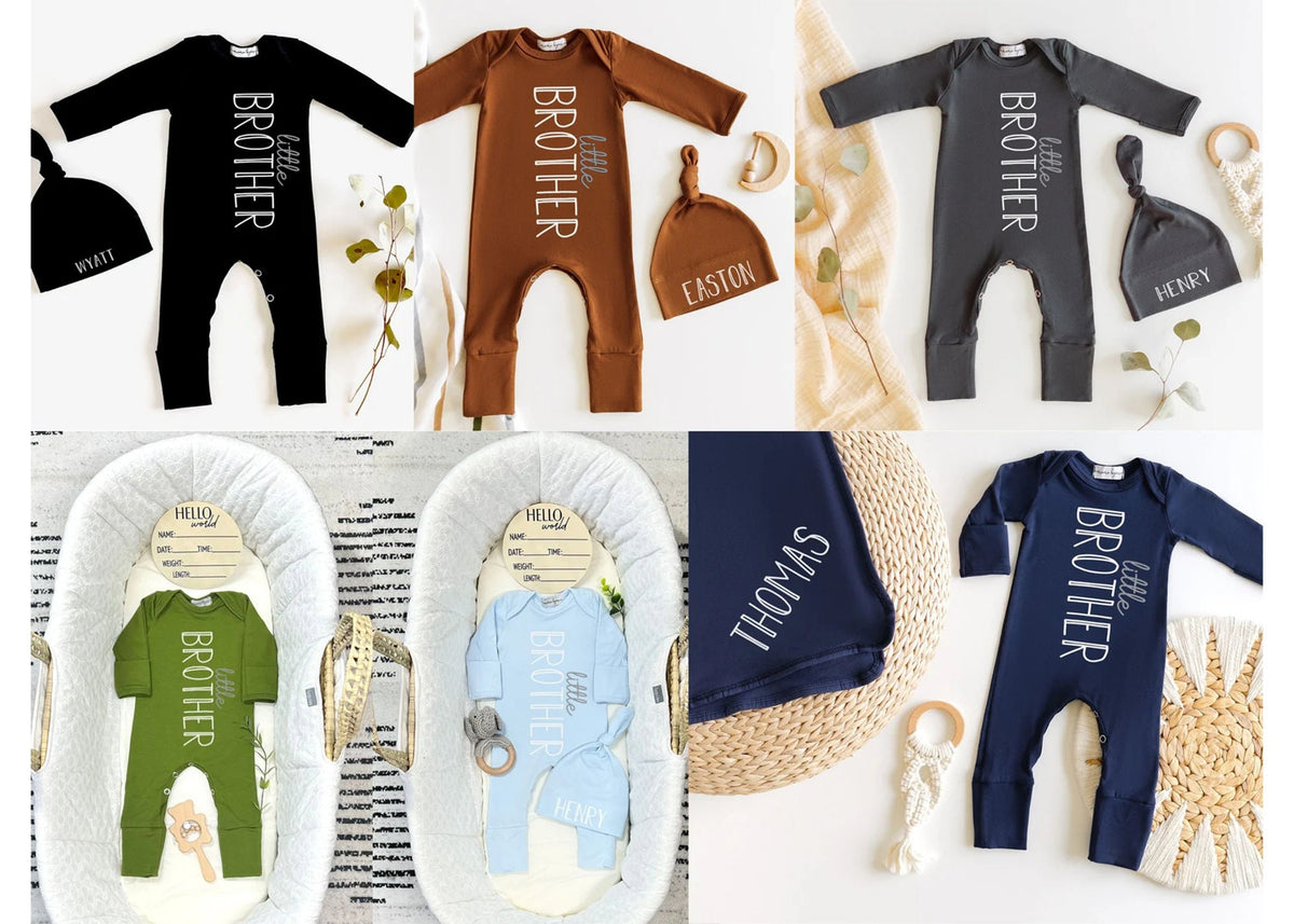 Personalized Newborn Boy Coming Home Outfit: Little Brother Romper & Hat