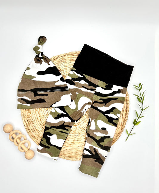 Newborn Camo Pants and Knotted Hat Set: Fold Over Footed Cotton Baby Clothes