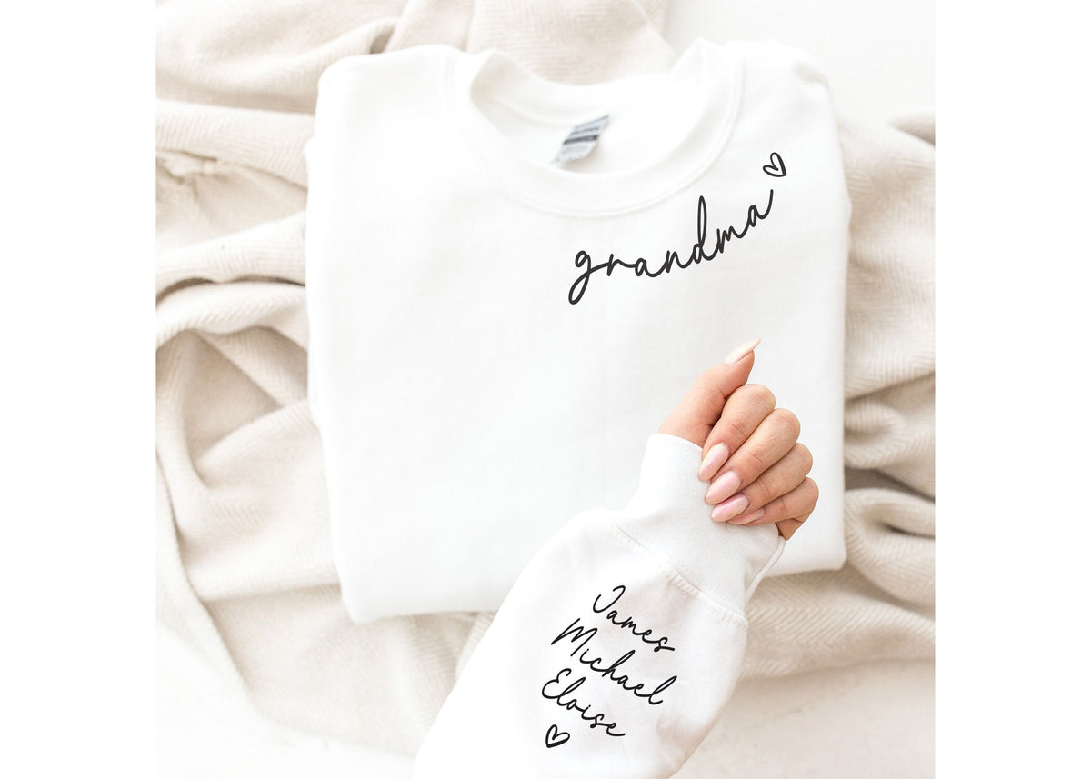 Grandma Shirt, Grandma Gift, Mothers Day Gift, I Wear My Heart On My Sleeve Sweatshirt, Grandchildren Names on Sleeve, Gift From Grandchild