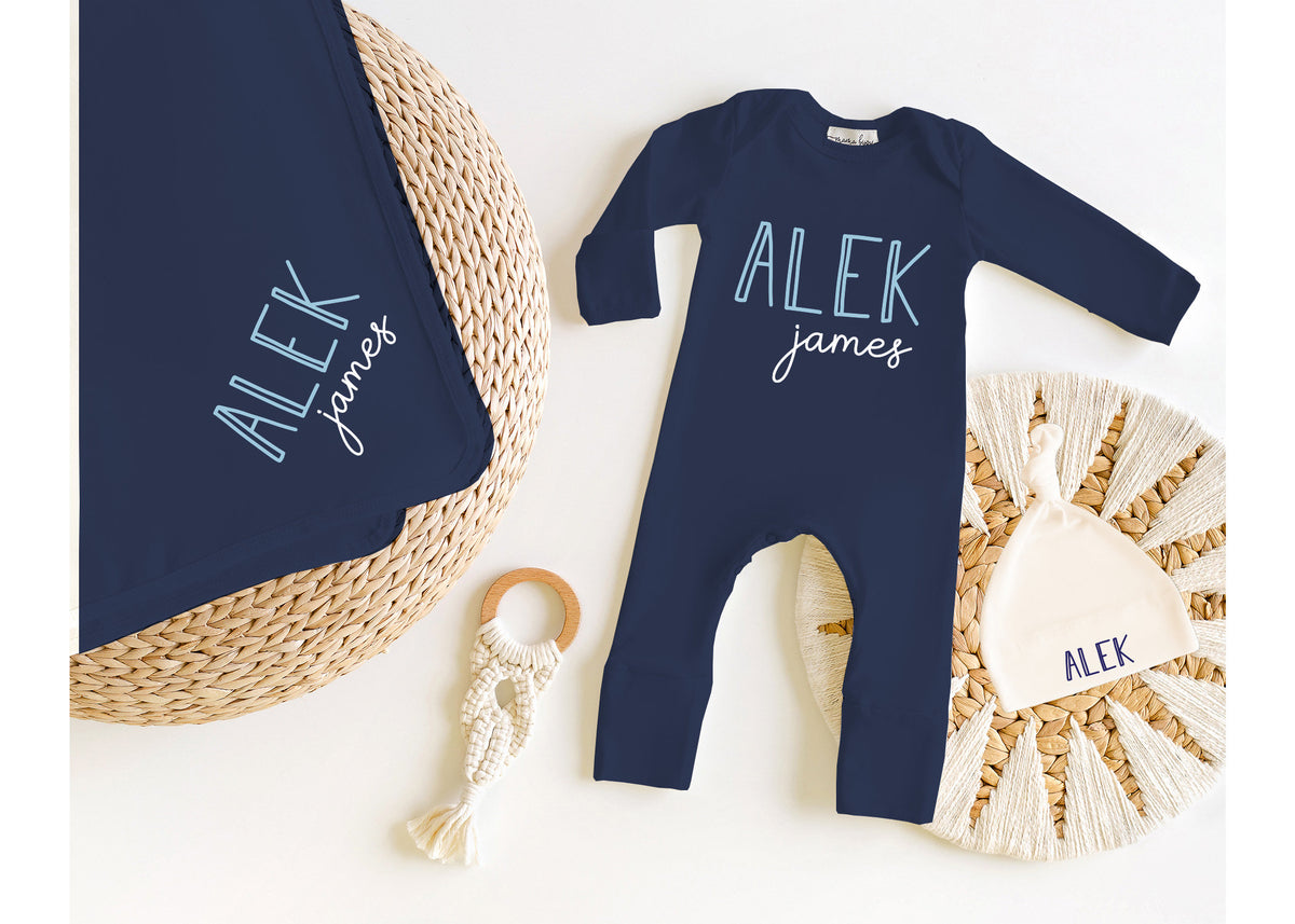 Modern Personalized Navy Newborn Romper Set - Perfect Coming Home Outfit for Your New Baby Boy! Also Makes a Unique Baby Shower Gift