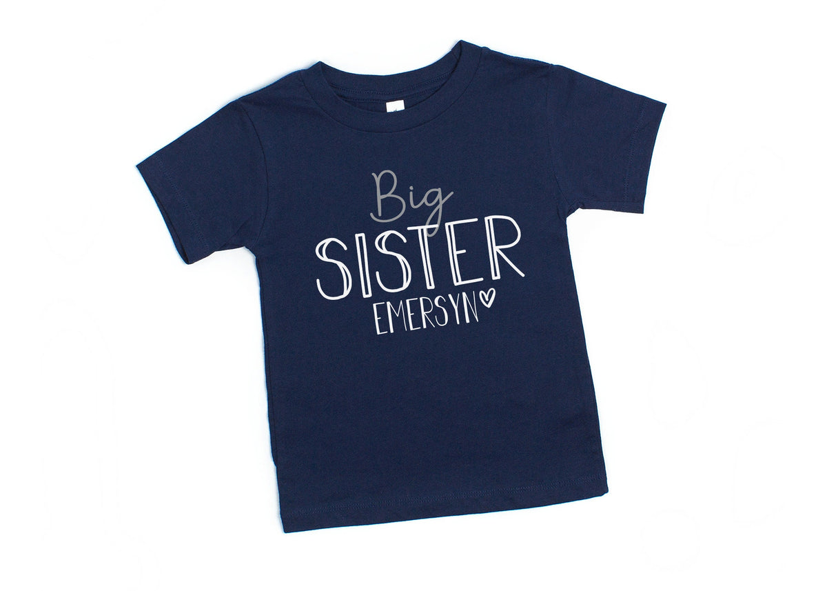 Personalized Navy Big Little Brother Sister Sibling Shirts - Available on Shirt, Sweatshirt, Romper or Gown in Youth, Toddler and Baby Sizes