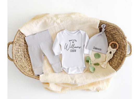 Personalized Newborn Take Home Outfit: Gender Neutral Bodysuit, Pants & Hat Set