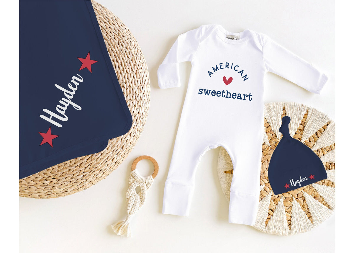 Personalized American Sweetheart Baby Outfit: 4th of July Romper, Hat & Blanket