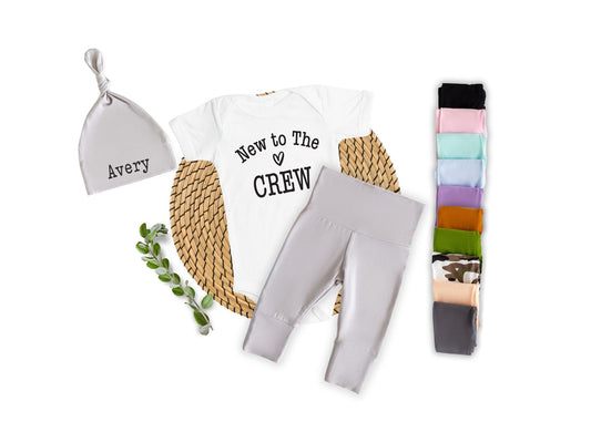Newborn Boy Outfit: "New to The Crew" Bodysuit, Pants & Hat