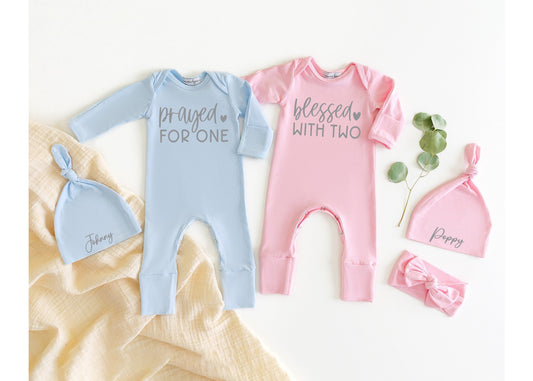 Twin Newborn Romper Set: "Prayed For One Blessed With Two" Coming Home Outfits