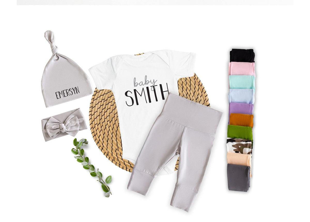 Personalized Baby Take Home Outfit: Last Name Bodysuit, Pants & Hat