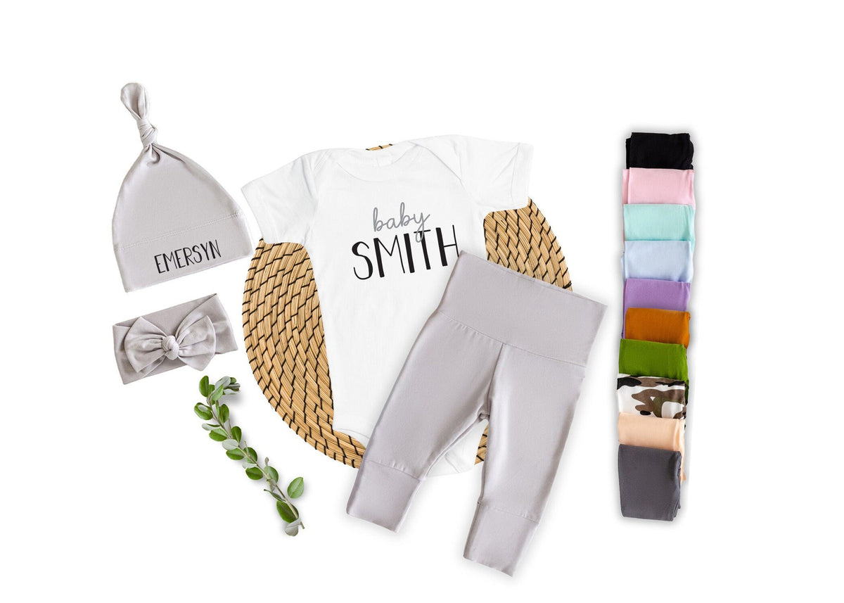 Personalized Baby Take Home Outfit: Last Name Bodysuit, Pants & Hat