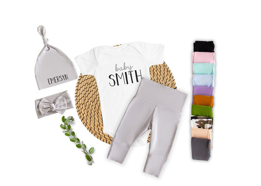 Personalized Baby Take Home Outfit: Last Name Bodysuit, Pants & Hat