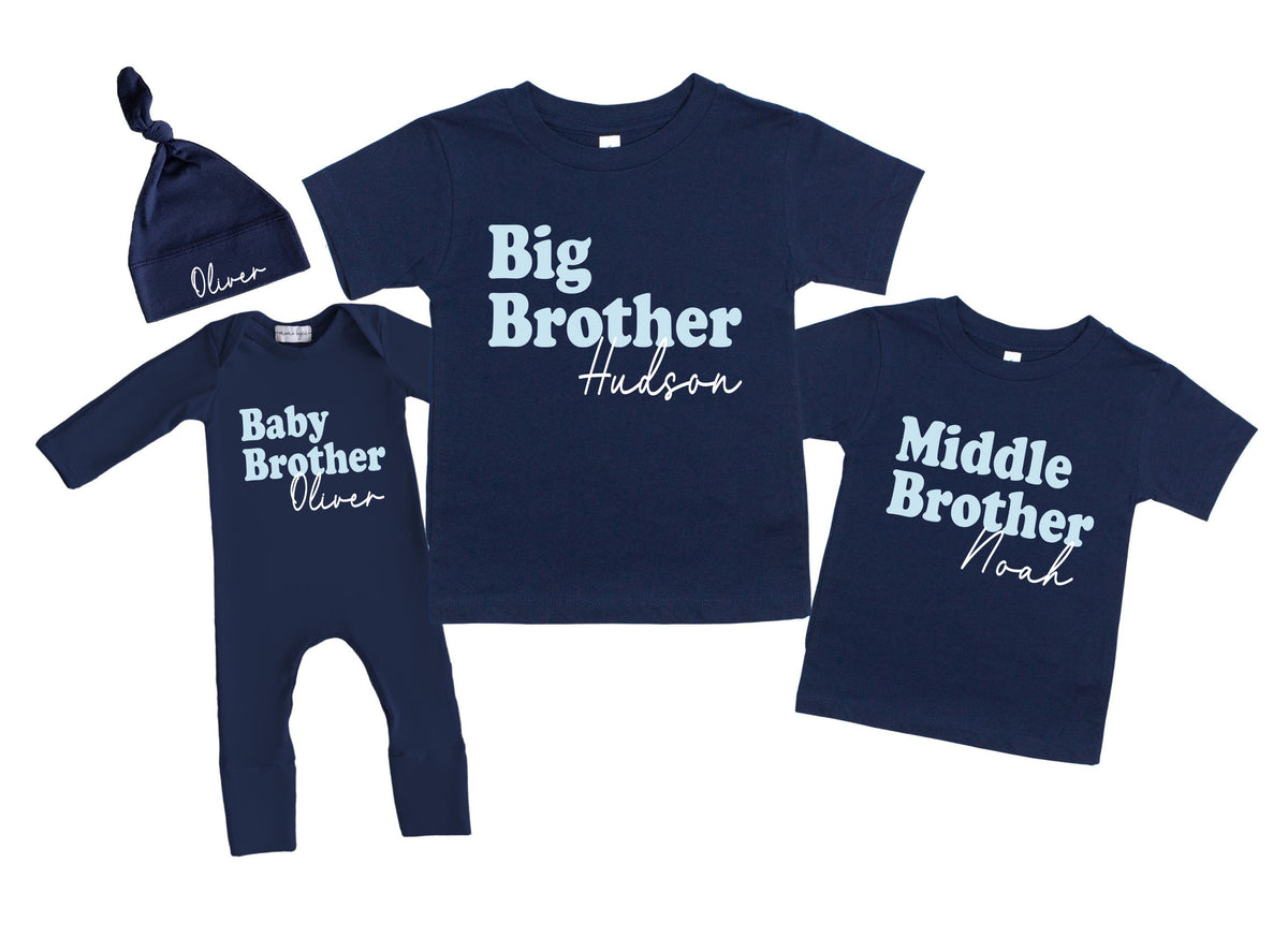 Sibling Big Little Middle Baby Brother Shirts, Matching Family Shirts, Navy Blue Sweatshirt, Tee Shirt or Romper Newborn Coming Home Outfit