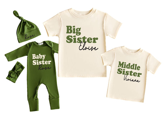 Personalized Sister Shirts: Matching Family Outfit, Olive Green Boho Baby