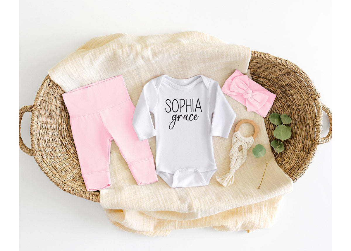Personalized Baby Girl Outfit Set: Cotton Bodysuit & Pants Layette