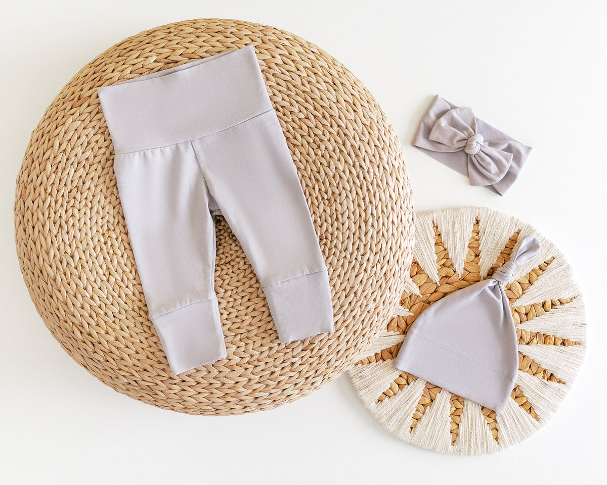 Newborn Cotton Pants Set: Fold Over Footed Leggings, Hat & Headband