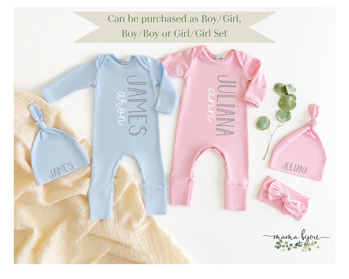 Personalized Twin Baby Coming Home Outfit: Cotton Romper & Hat Set