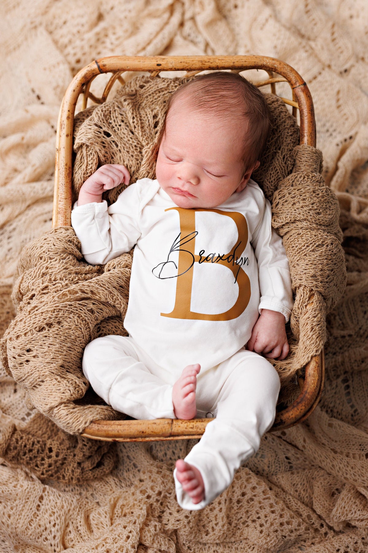 Personalized Newborn Boy Romper: Rust Initial Hat, Cream Cotton Outfit