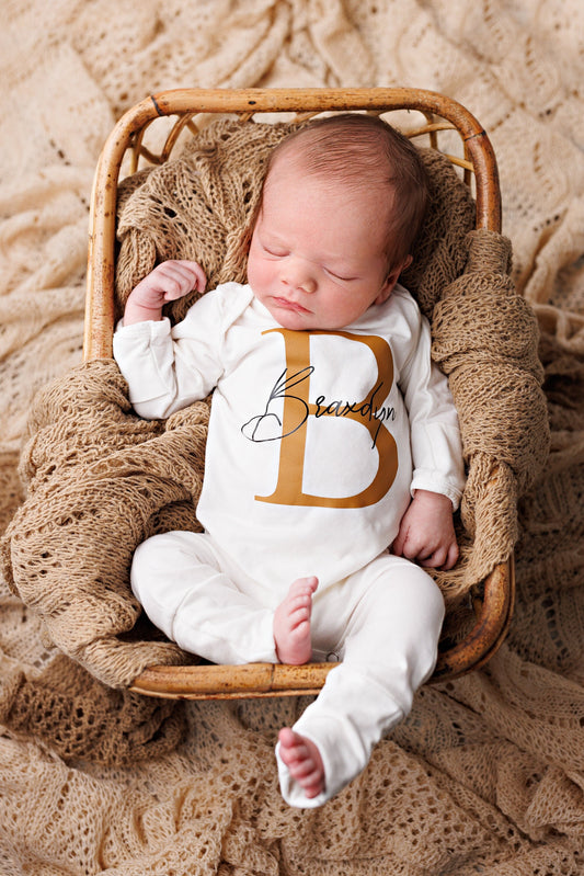 Personalized Newborn Boy Romper: Rust Initial Hat, Cream Cotton Outfit