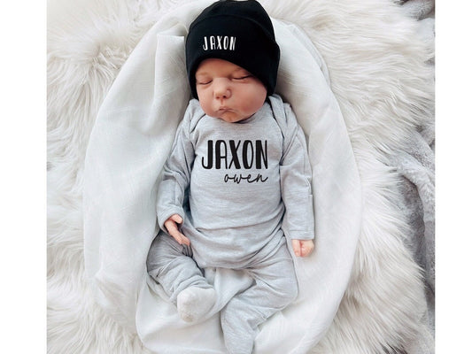 Personalized Newborn Boy Coming Home Outfit: Cotton Romper & Hat Set