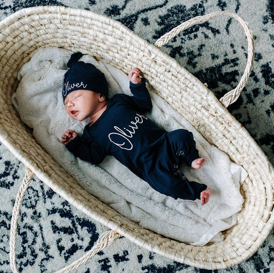 Personalized Newborn Boy Romper Set: Navy Cotton Take Home Outfit