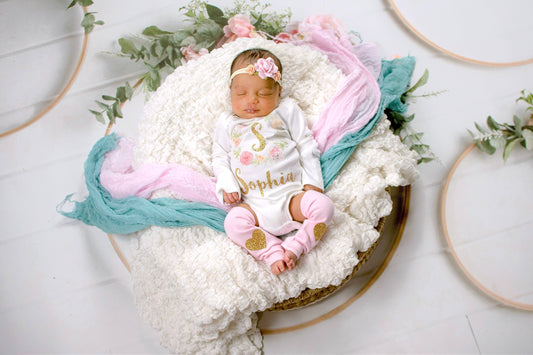Personalized Newborn Girl Coming Home Outfit: Pink Floral Boho Baby Clothes