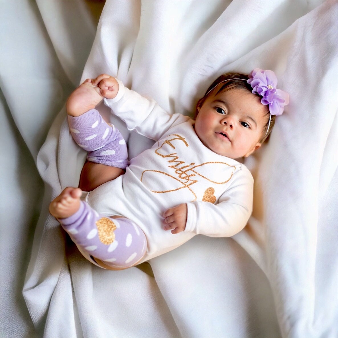 Personalized Newborn Girl Outfit: Glitter Name Bodysuit, Headband & Leg Warmers
