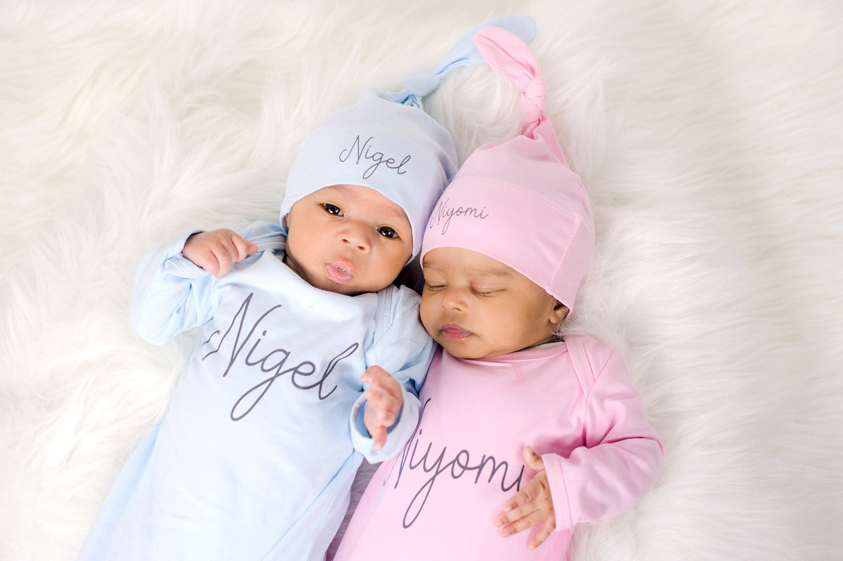 Personalized Twin Baby Take Home Outfit: Newborn Romper & Hat Set