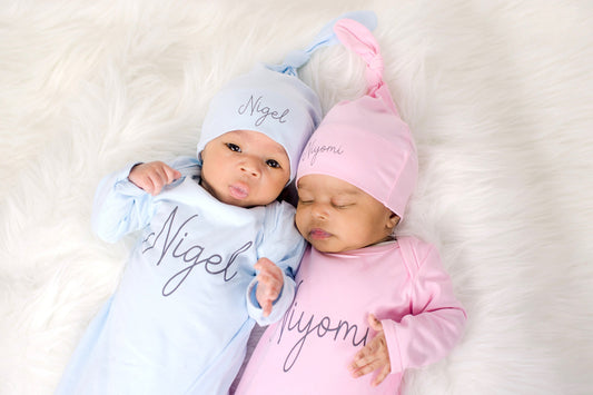 Personalized Twin Baby Take Home Outfit: Newborn Romper & Hat Set