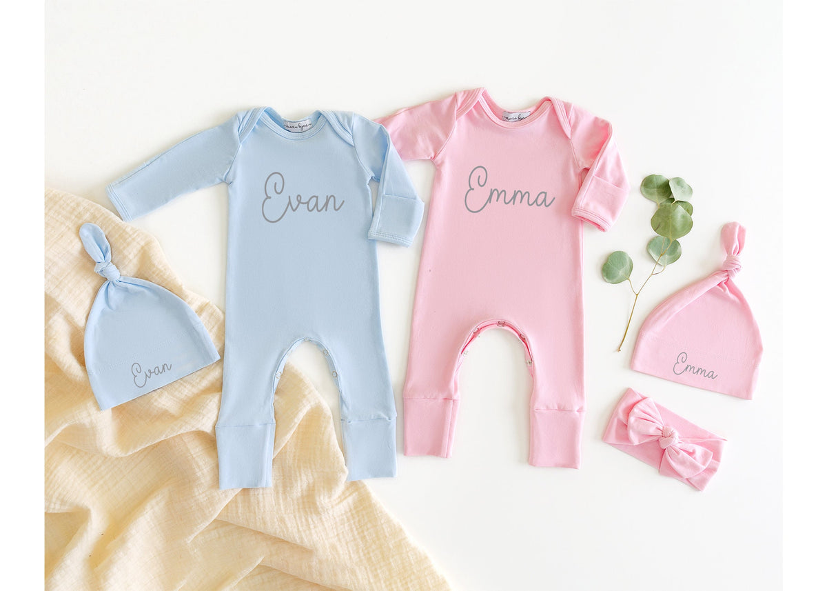 Personalized Twin Baby Take Home Outfit: Newborn Romper & Hat Set