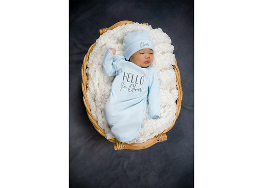 Personalized Newborn Boy Gown: Light Blue Coming Home Outfit