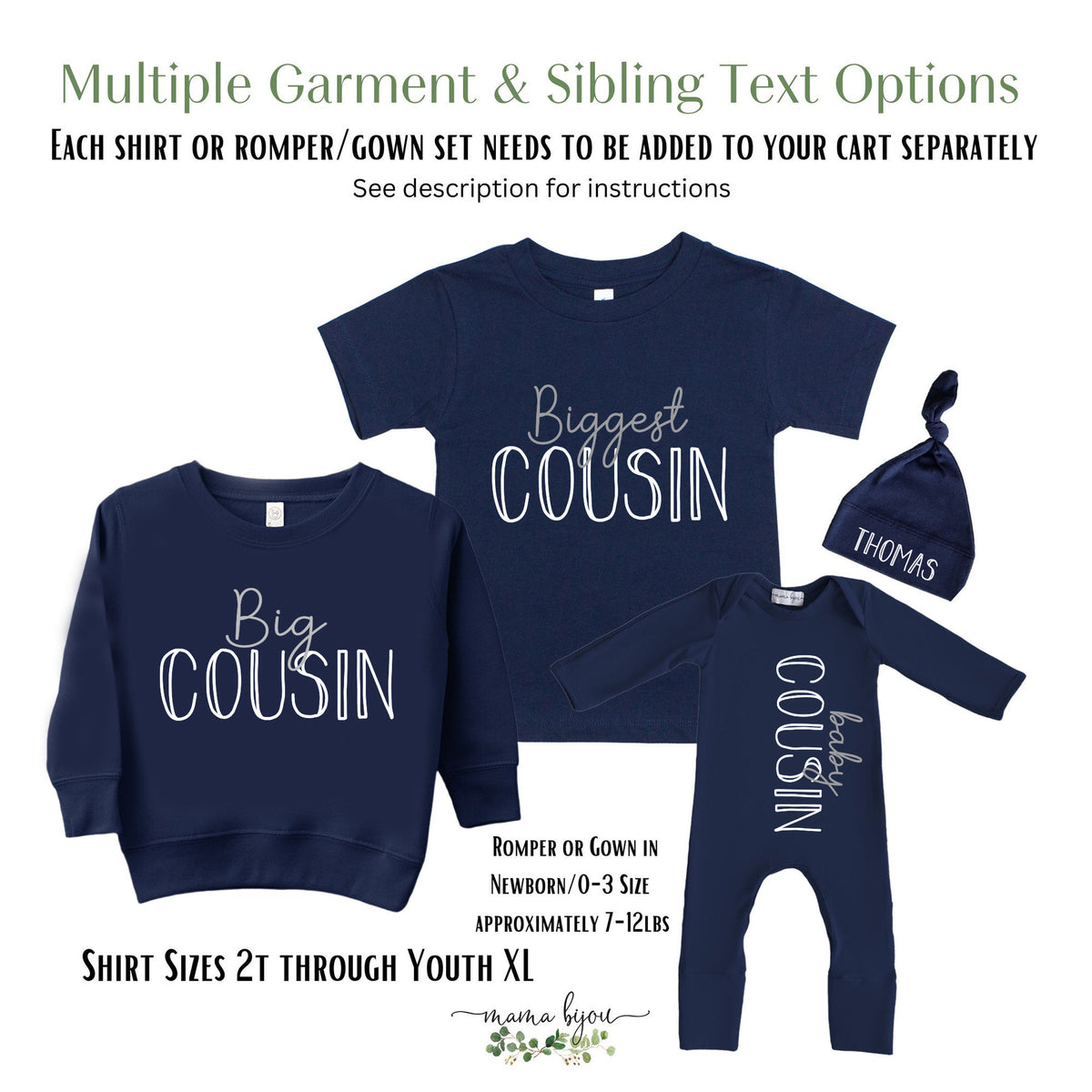 Cousin Matching Outfit: Navy Sibling Shirts, Romper & Gown