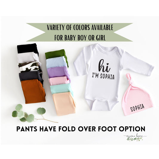 Personalized Newborn Coming Home Outfit: Bodysuit, Pants & Hat