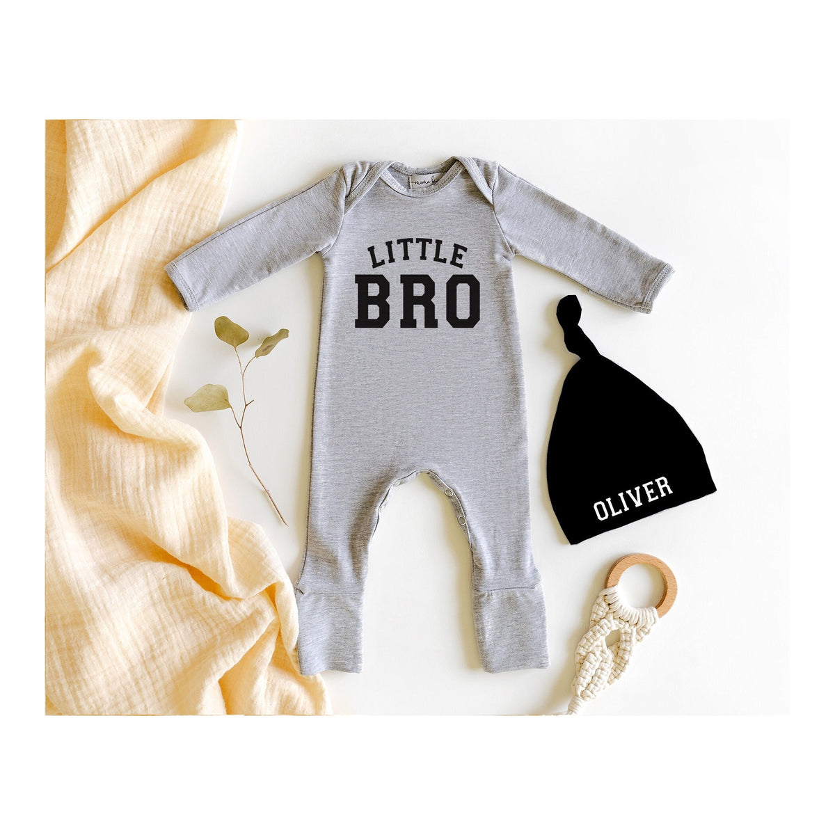 Personalized Varsity Little Brother Outfit: Cotton Baby Romper & Hat