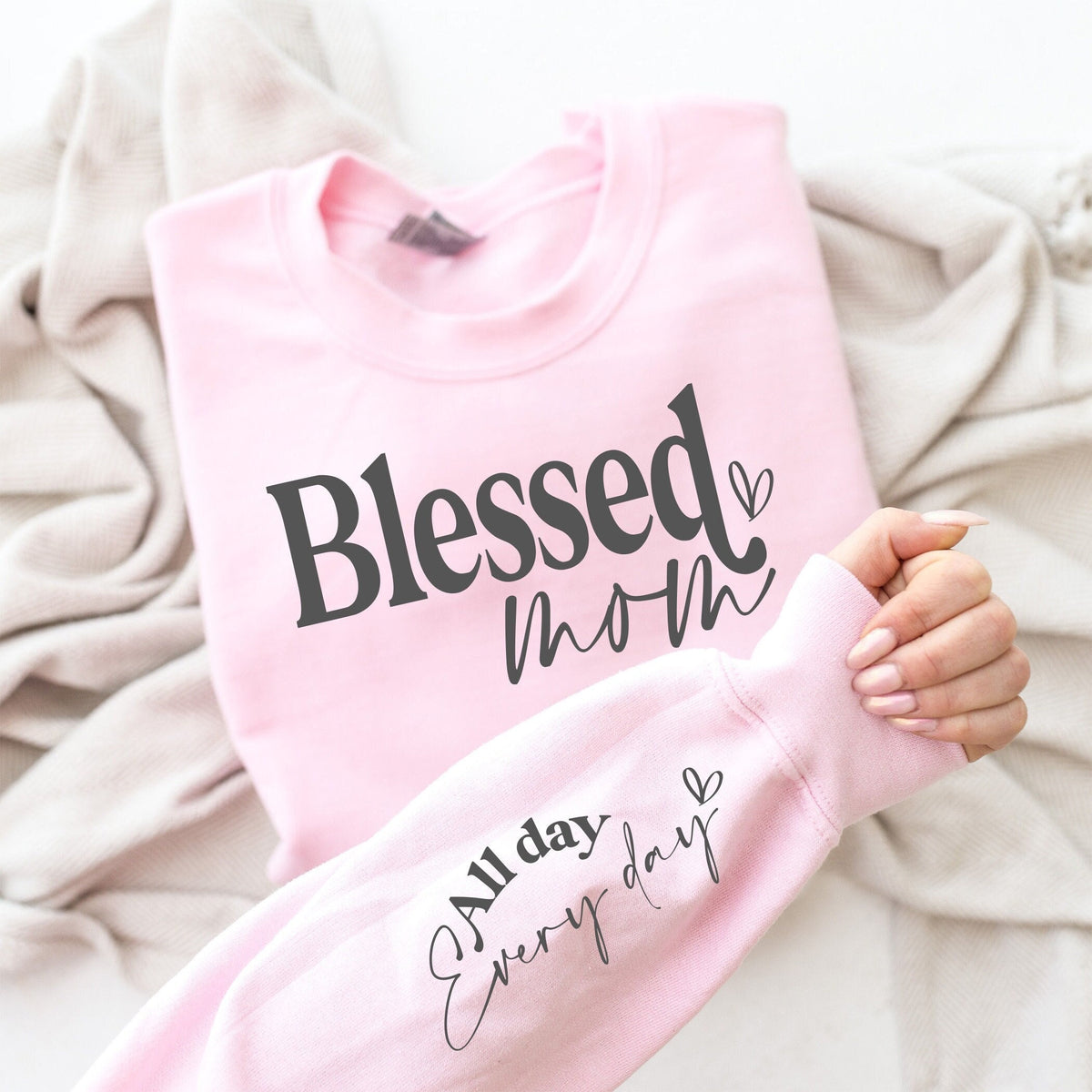 Blessed Mom Sweatshirt: Customized Sleeve, Christian Gift