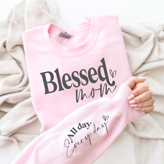 Blessed Mom Sweatshirt: Customized Sleeve, Christian Gift