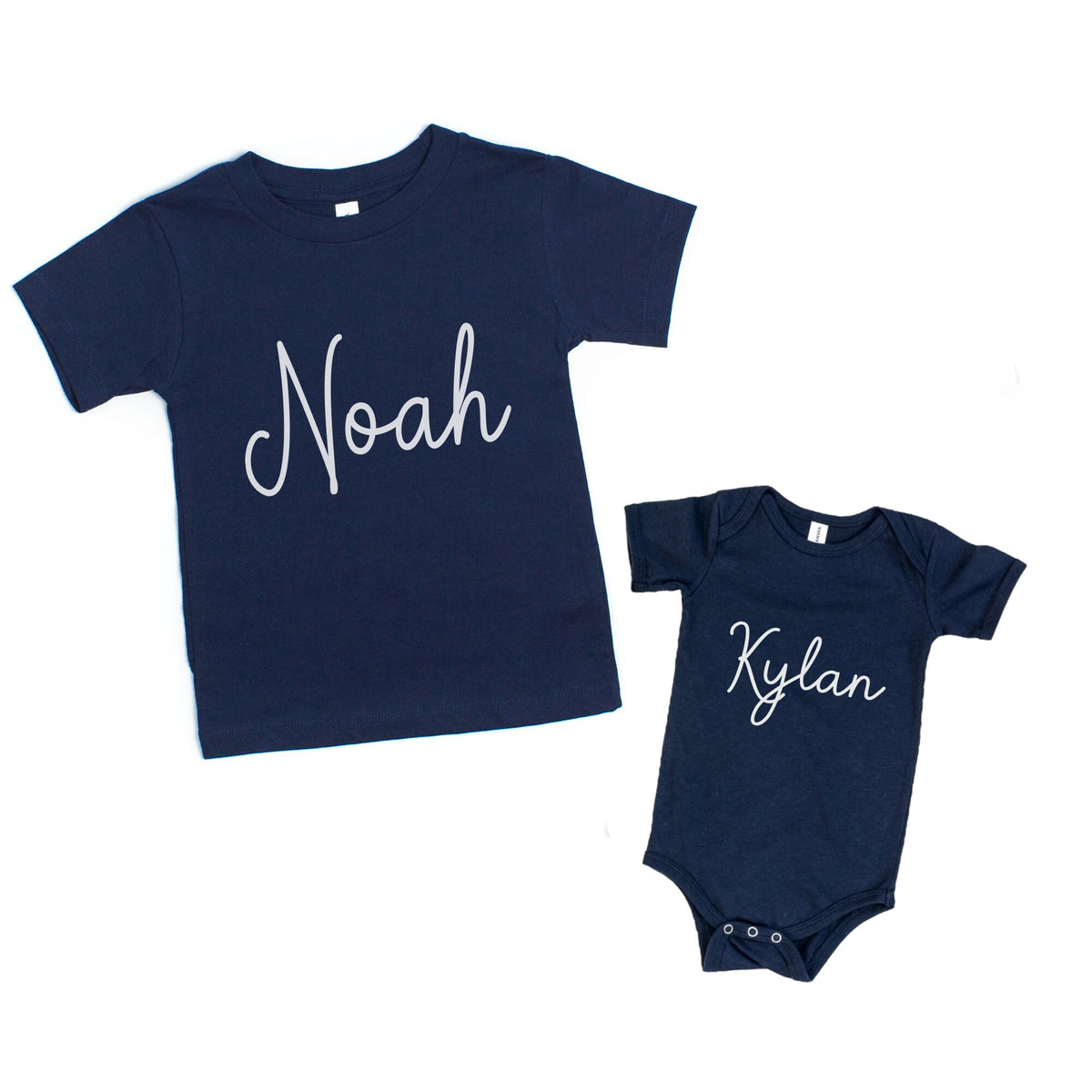Personalized Navy Sibling Outfit: Baby Romper, Toddler Shirt & Hat
