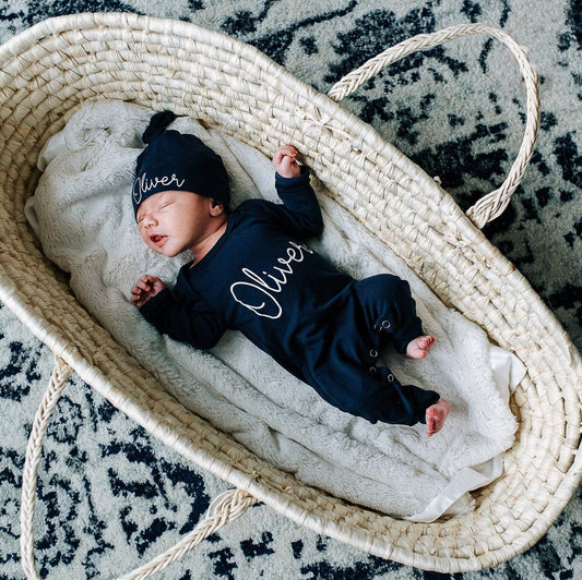 Navy Newborn Boy Coming Home Outfit: Personalized Baby Romper & Hat