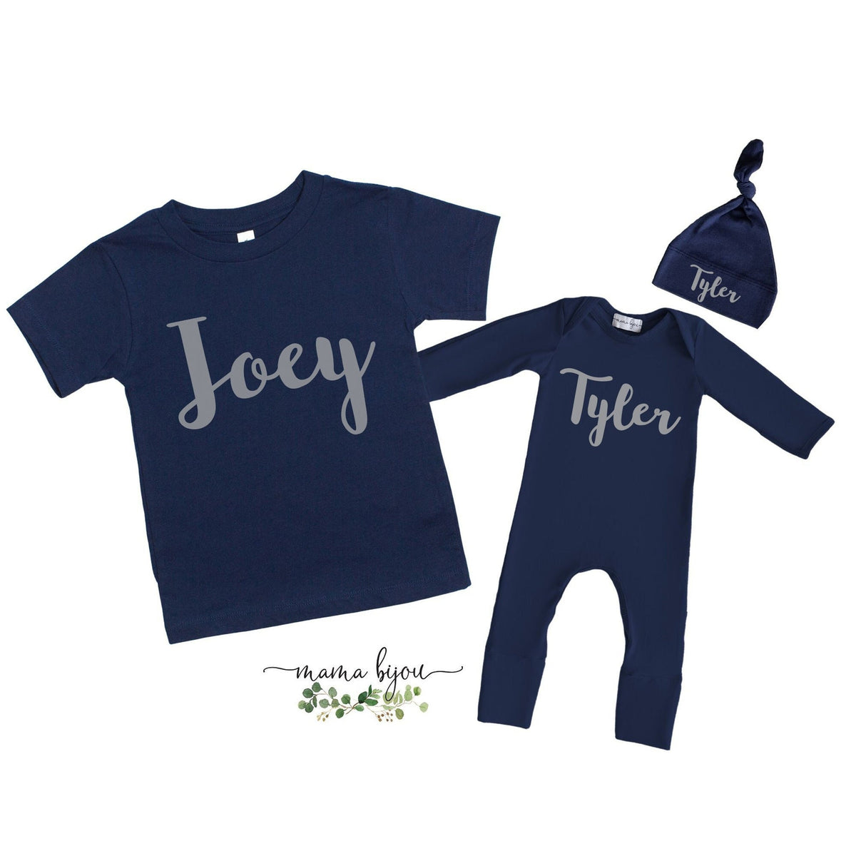 Personalized Navy Sibling Outfit: Baby Romper, Toddler Shirt & Hat