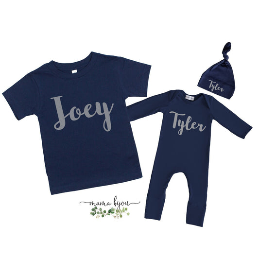 Personalized Navy Sibling Outfit: Baby Romper, Toddler Shirt & Hat