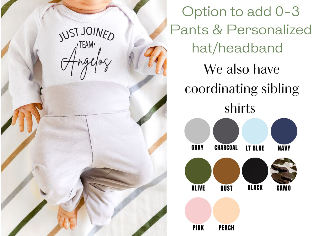 Personalized Newborn Bodysuit: Joined Team Baby Outfit, Cotton Pants & Hat Set