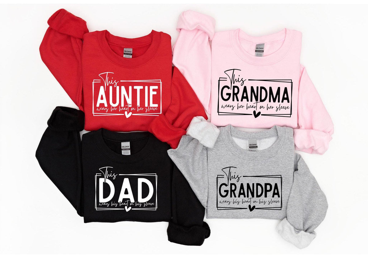 I Wear My Heart on My Sleeve Personalized Mom & Dad Sweatshirts - Gift for Mom or Dad Mothers Day/ Fathers Day -Available Variety of Colors